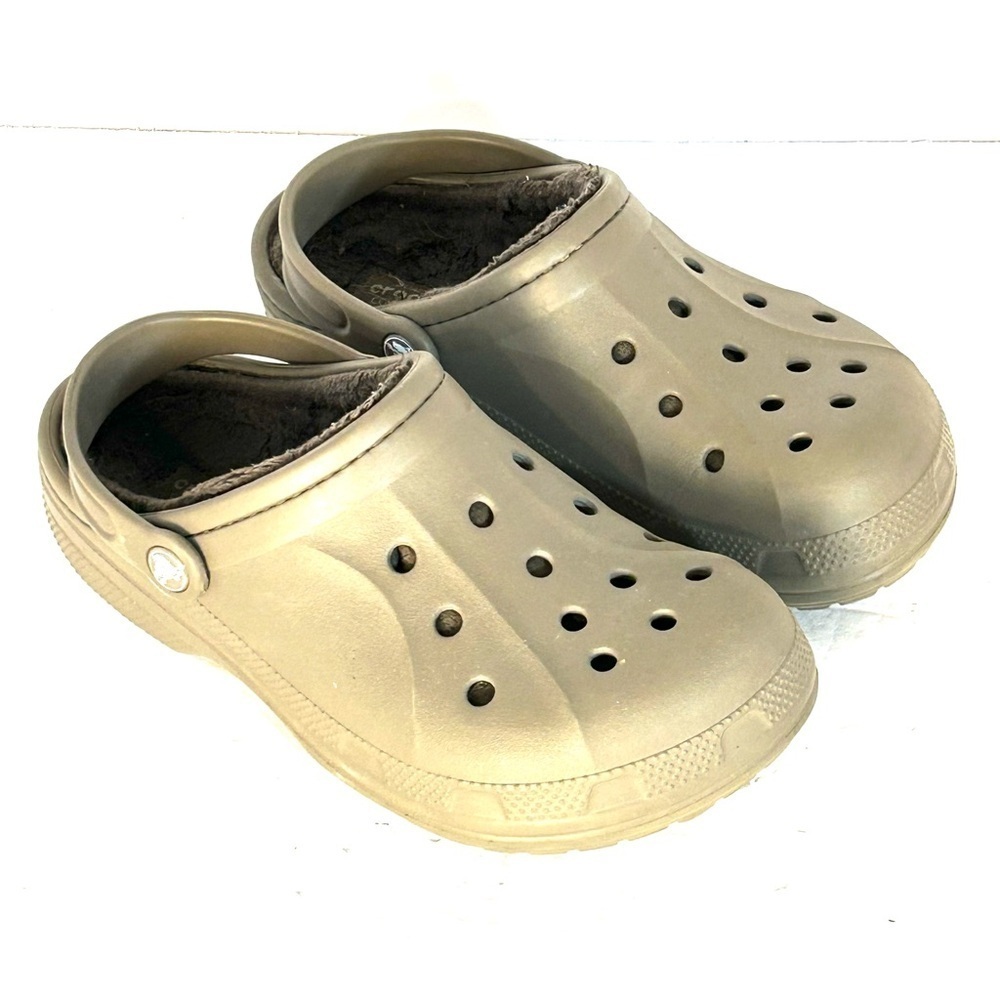 Crocs Shoes Mens 6 Womens 8 Classic Lined Clogs Brown Olive Faux Fur Comfort